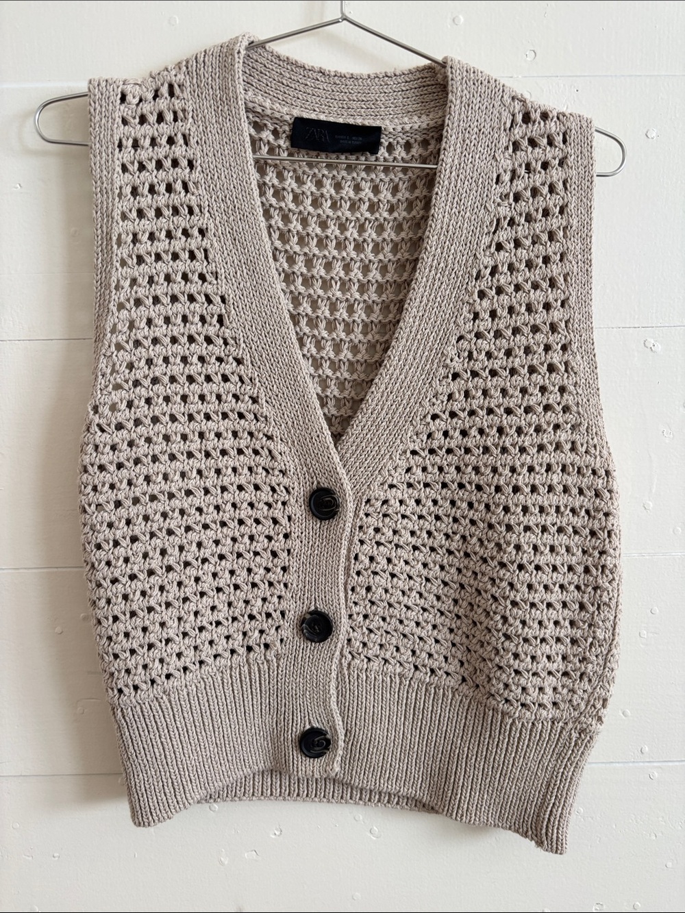 Zara Chunky Open-Knit Button Front Sweater Vest in Beige